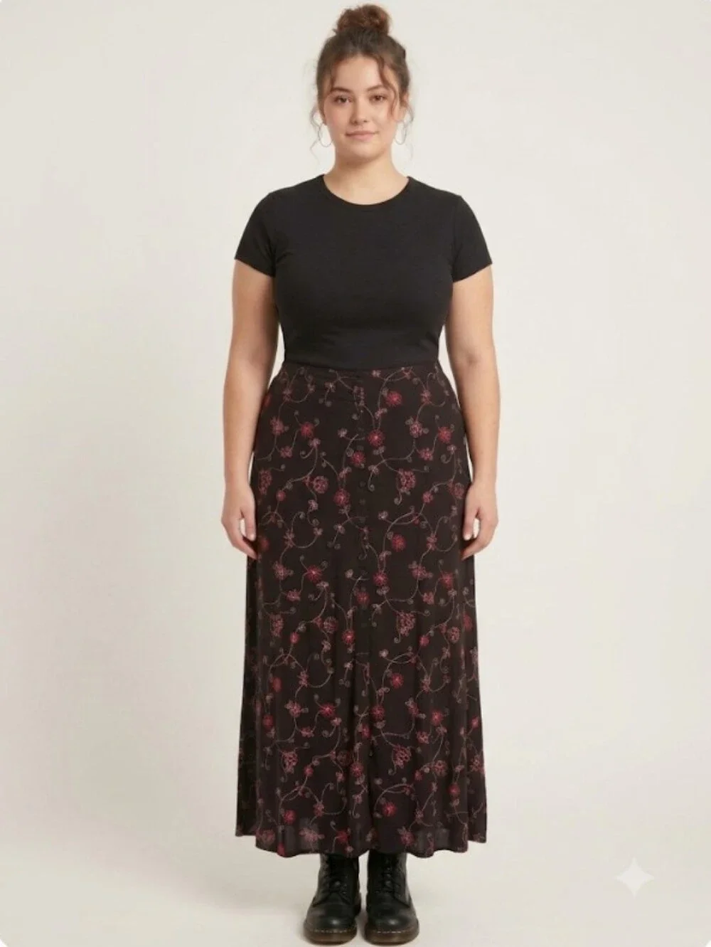 Slinky Maxi Skirt Vintage Black Pink Floral Faux Embroidery Button Front XL
